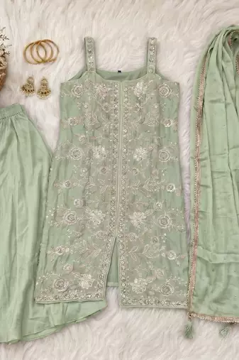Green silk blend embroidered sharara set