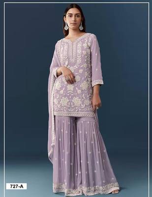 Lavender georgette embroidered sharara set 1