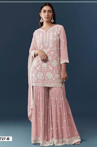 Pink georgette embroidered sharara set