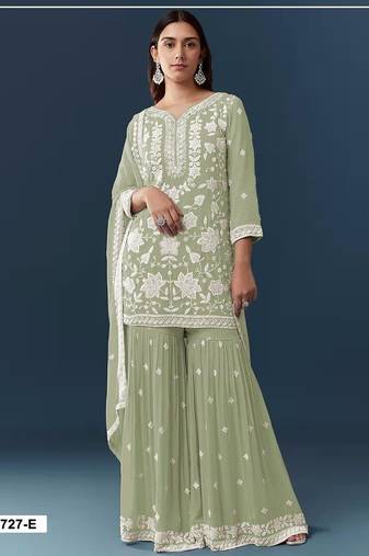 Green georgette embroidered sharara set