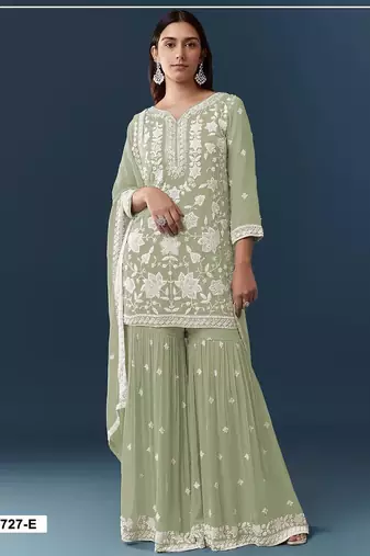 Green georgette embroidered sharara set