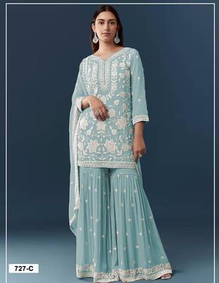 Blue georgette embroidered sharara set 1