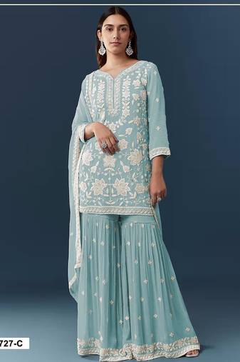 Blue georgette embroidered sharara set