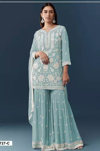 Blue georgette embroidered sharara set