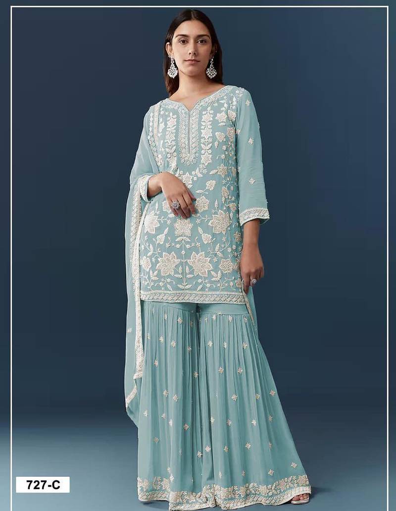 Blue georgette embroidered sharara set