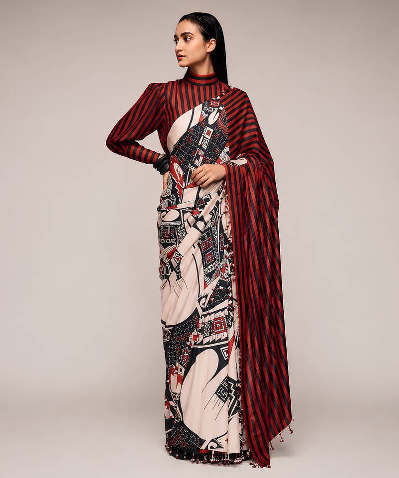 Geometeri print satin ready to wear saree