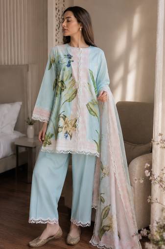 Blue cotton poly printed kurta set