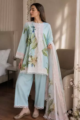 Blue cotton poly printed kurta set