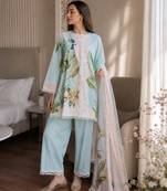 Blue cotton poly printed kurta set