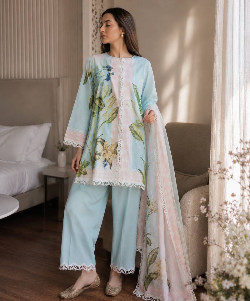 Blue cotton poly printed kurta set