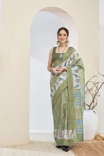 Green warli desing silk blend ready to wear saree