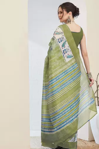 Green warli desing silk blend ready to wear saree