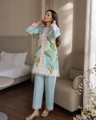 Blue cotton poly printed kurta set 2