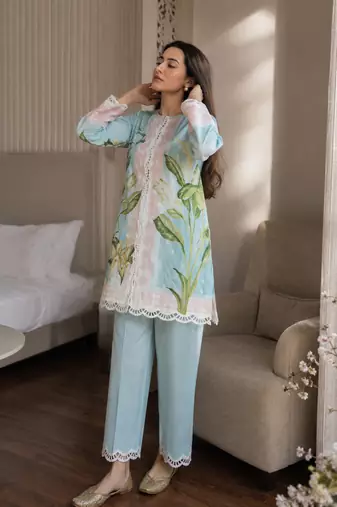 Blue cotton poly printed kurta set