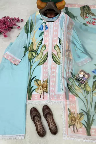 Blue cotton poly printed kurta set