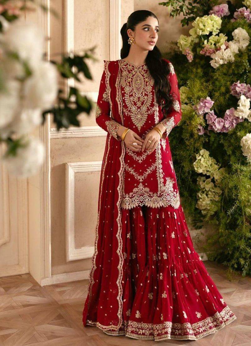 Red faux georgette thread sharara set