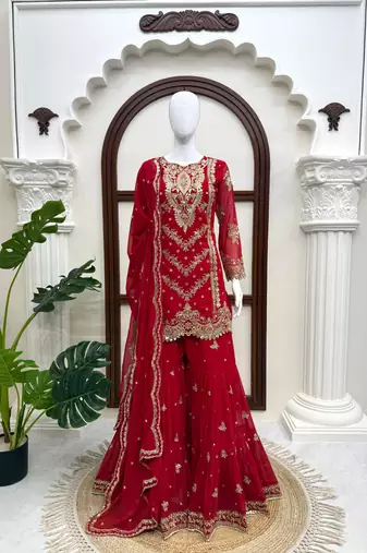 Red faux georgette thread sharara set