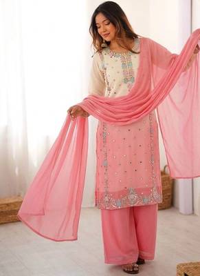Multicolor faux georgette embroidered palazzo set 3