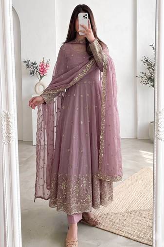 Pink silk blend embroidered flared gown set