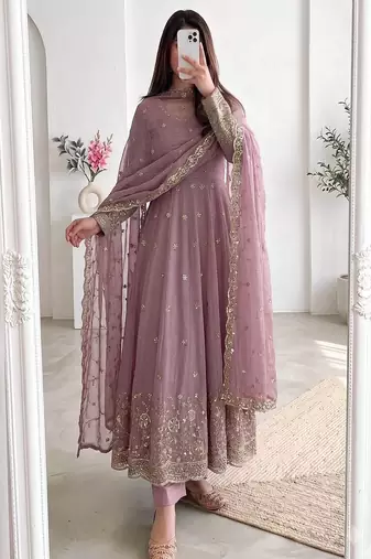 Pink silk blend embroidered flared gown set