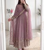 Pink silk blend embroidered flared gown set