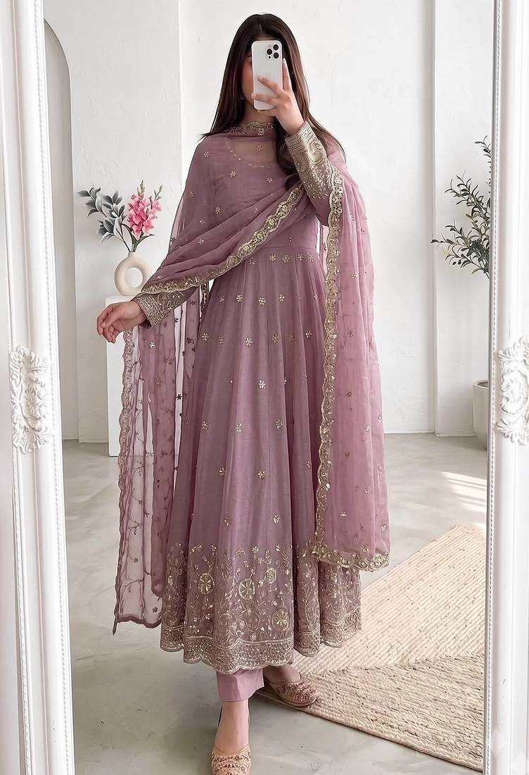 Pink silk blend embroidered flared gown set