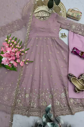 Pink silk blend embroidered flared gown set