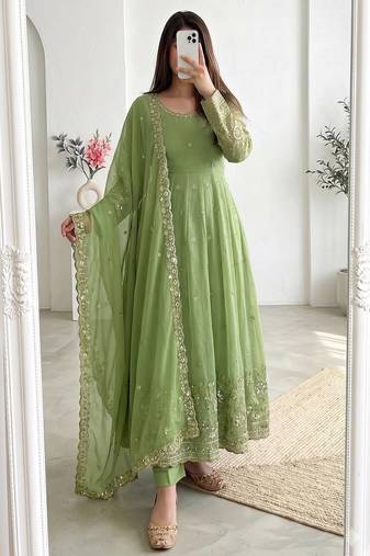 Green silk blend embroidered flared gown set
