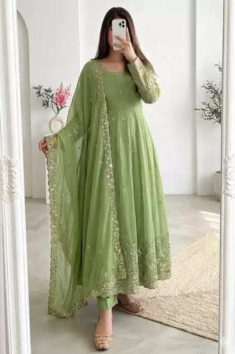 Green silk blend embroidered flared gown set