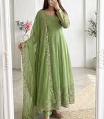Green silk blend embroidered flared gown set