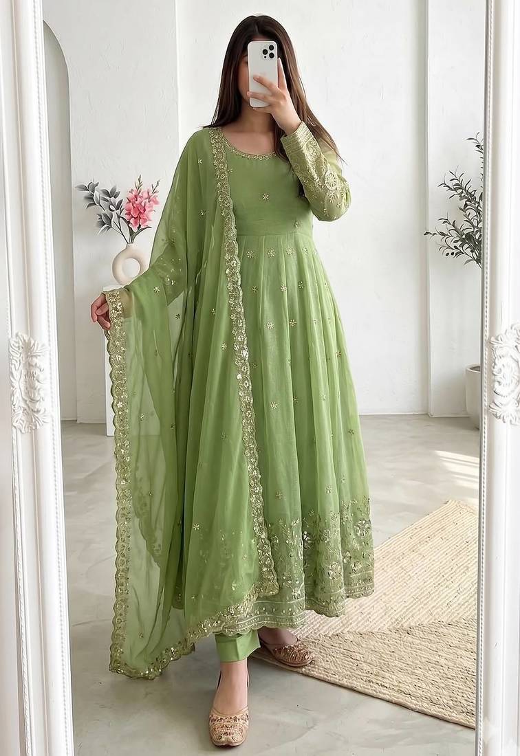 Green silk blend embroidered flared gown set
