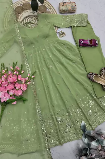 Green silk blend embroidered flared gown set