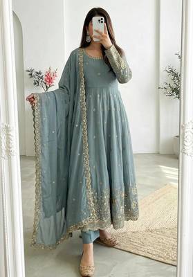 Blue silk blend embroidered flared gown set 1