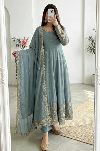 Blue silk blend embroidered flared gown set