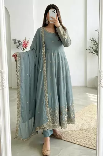 Blue silk blend embroidered flared gown set