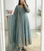 Blue silk blend embroidered flared gown set