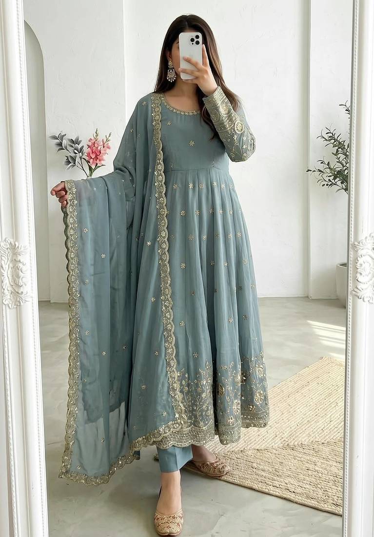 Blue silk blend embroidered flared gown set