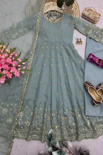 Blue silk blend embroidered flared gown set