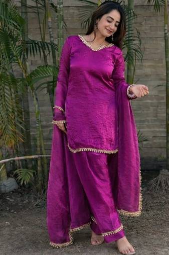 Rani-pink silk blend lace farshi salwar set