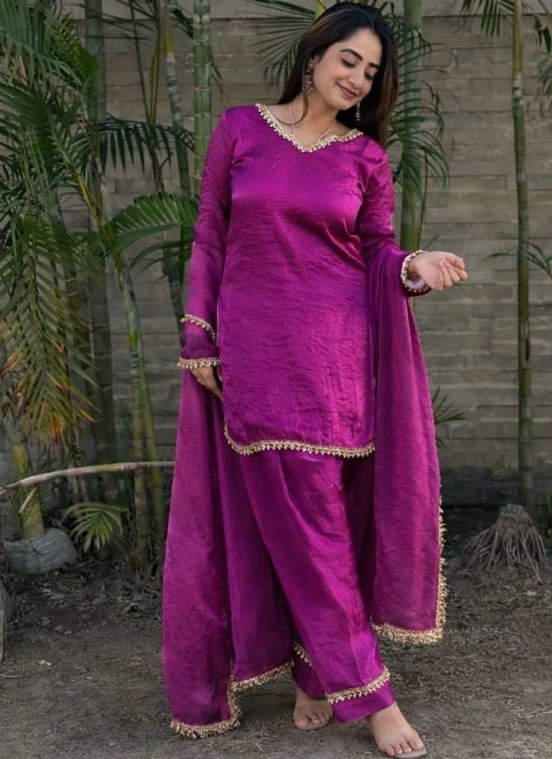 Rani-pink silk blend lace farshi salwar set