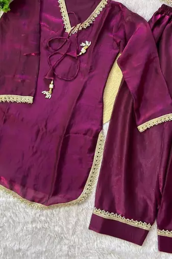 Rani-pink silk blend lace farshi salwar set