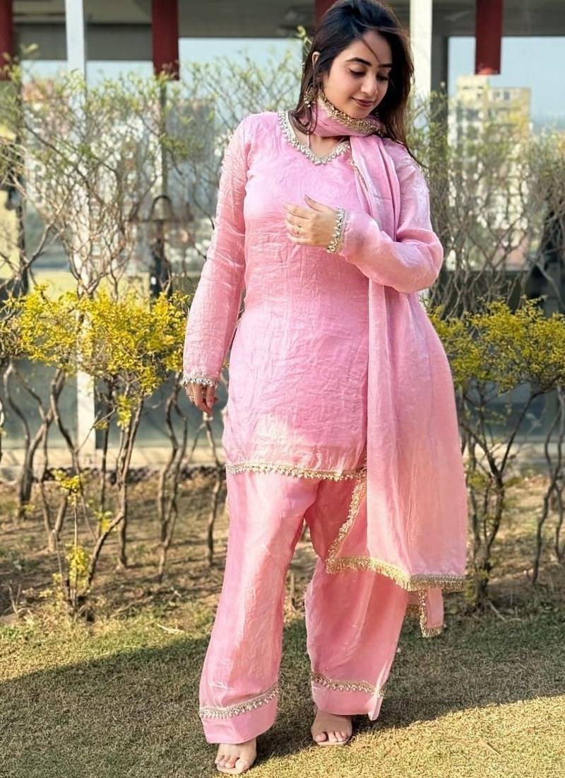 Pink silk blend lace farshi salwar set