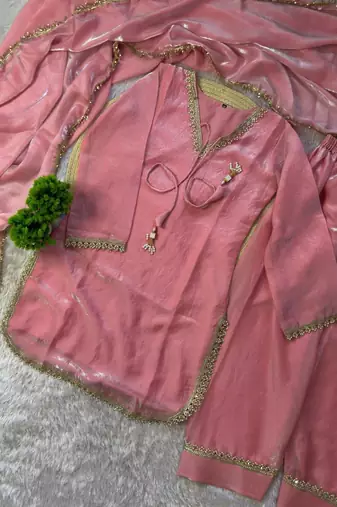 Pink silk blend lace farshi salwar set