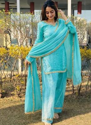 Blue silk blend lace farshi salwar set 1