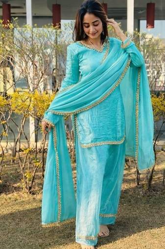 Blue silk blend lace farshi salwar set