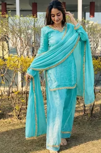 Blue silk blend lace farshi salwar set