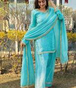 Blue silk blend lace farshi salwar set