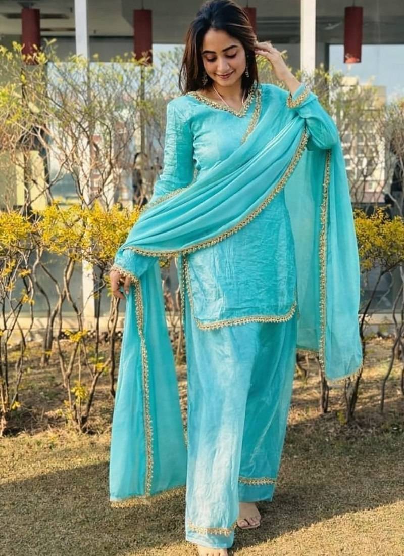 Blue silk blend lace farshi salwar set