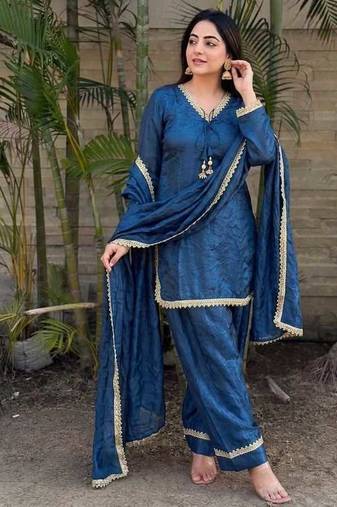 Dark-blue silk blend lace farshi salwar set