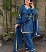 Dark-blue silk blend lace farshi salwar set